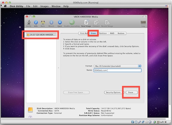 Выберите «Mac OS X Extended (Journaled)» и назовите что-нибудь на жестком диске, затем нажмите «Erase»